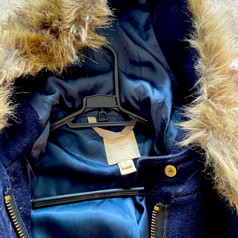 Gently worn J Crew Winter Coat with fur hood and buttons and zipper